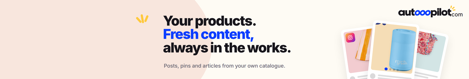 Autooopilot cover: three tilted product posts fanned on blush beside the words your products, fresh content, always in the works