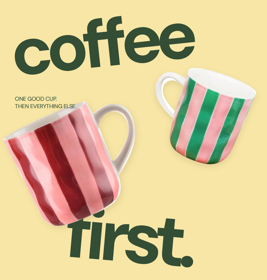 Example post: two striped mugs on a yellow poster reading coffee first