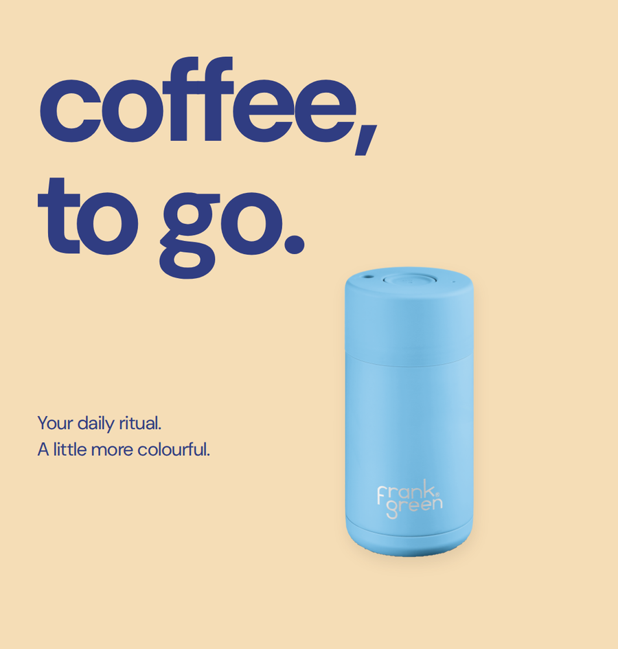 Instagram grid post example: a reusable coffee cup styled on a warm sand background with the headline coffee, to go