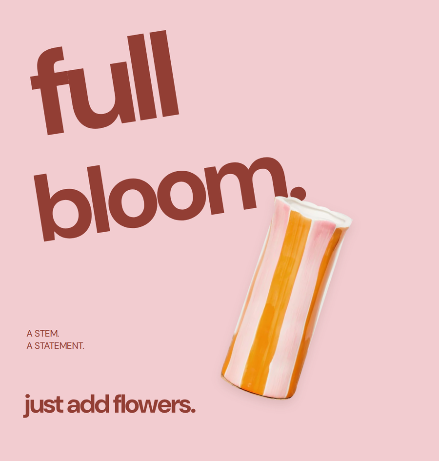 Example post: a striped vase on a pink poster reading full bloom