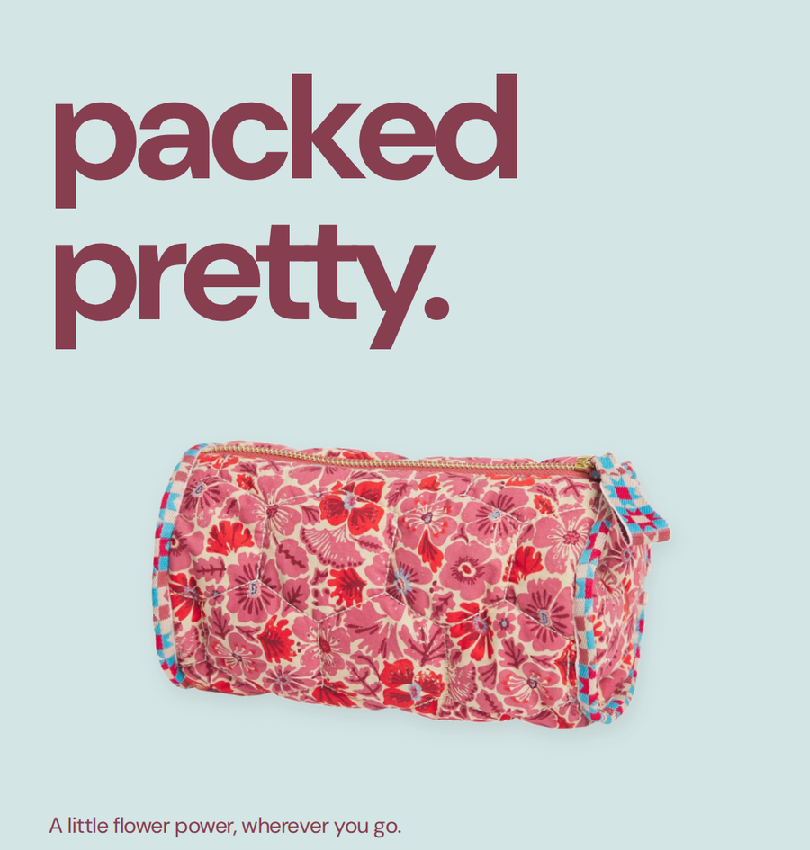 Example collection asset: a floral wash bag photographed on pale blue