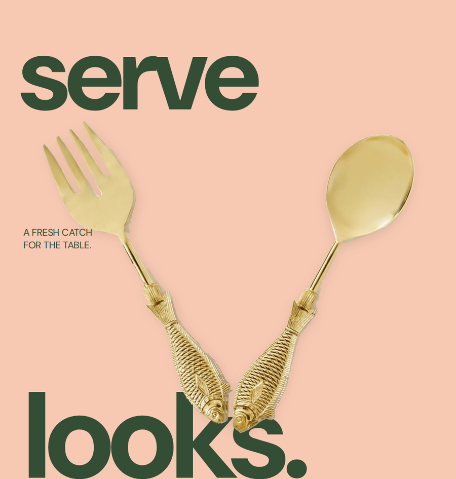 Example post: gold cutlery on a peach poster reading serve looks