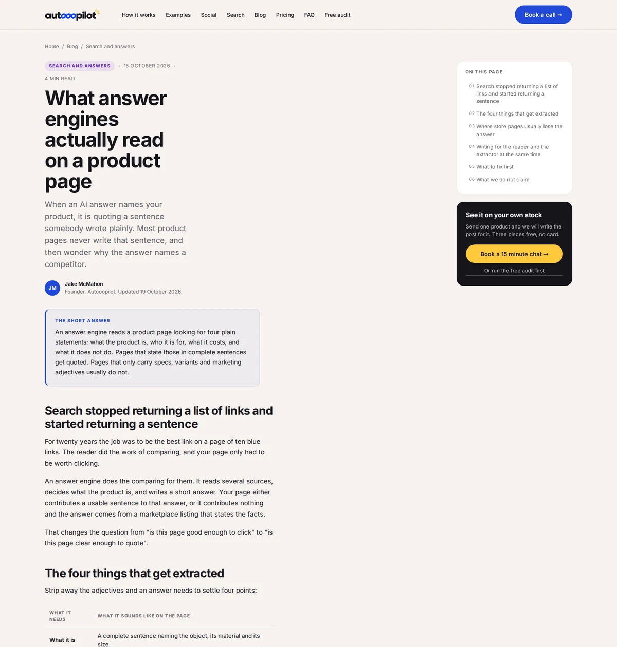 A published article on this site: What answer engines actually read on a product page