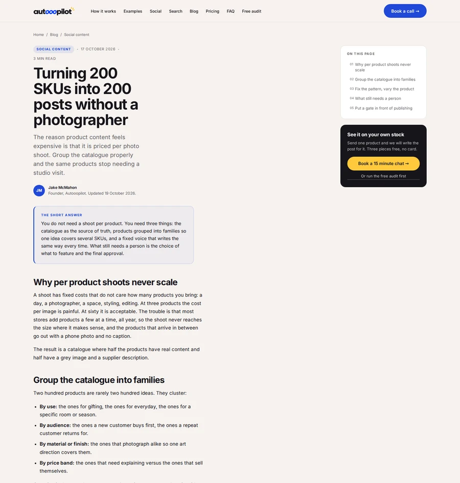 Article page: turning 200 SKUs into 200 posts without a photographer